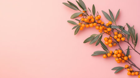 This image features vibrant orange berries perched on green leaves, creating a stunning contrast against a soft pink background. Perfect for nature-themed designs.の素材
