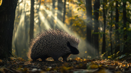 A hedgehog roams through a serene forest, illuminated by soft rays of sunlight. The scene captures the essence of wildlife amidst autumn leaves.の素材