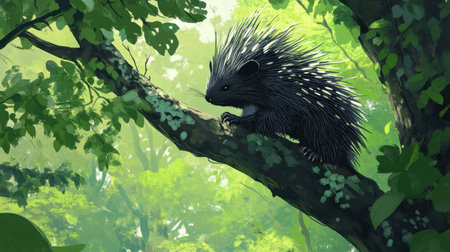 A porcupine perches gracefully on a tree branch, surrounded by vibrant greenery, showcasing its distinctive quills and tranquil nature in a lush forest setting.の素材