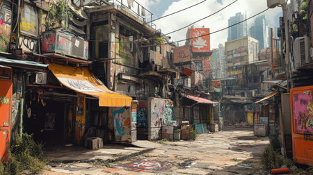 Explore an urban alleyway filled with vibrant graffiti and remnants of past life. The scene captures a blend of decay and creativity in a hidden city corner.の素材