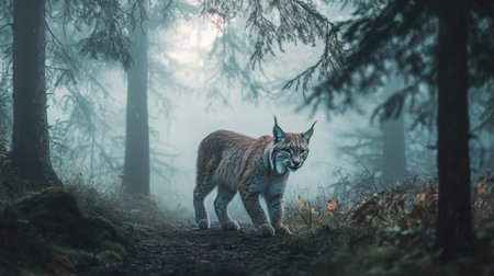 A stunning lynx gracefully walks through a foggy forest, creating a serene and mystical ambiance. The soft light filters through the trees, showcasing the beauty of wildlife.の素材