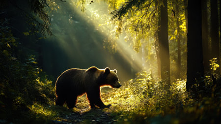 A majestic brown bear walks gracefully through a lush forest, illuminated by soft morning light filtering through the trees, creating a serene and peaceful atmosphere.の素材