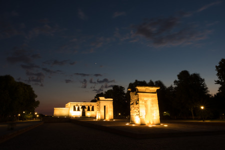 Night view of Egyptian monument Templo de Debod, Madrid, Spain, Europe