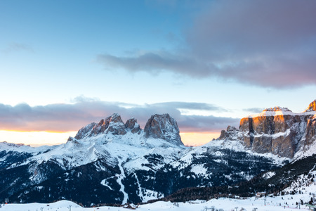 The sunset above Sassolungo and Col Rodella, Canazei, Italy, Europeの写真素材