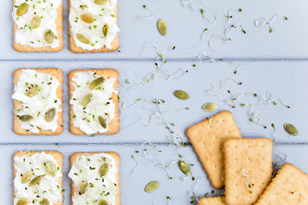 Tasty square crackers with cream cheese, pumpkin seeds and micro greens. Appetizers on grey table. Healthy vegetarian snacks, top view, flat layの写真素材
