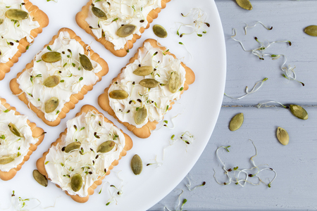 Tasty square crackers with cream cheese, pumpkin seeds and micro greens. Appetizers on a plate on grey table. Healthy vegetarian snacks, top view, flat layの写真素材