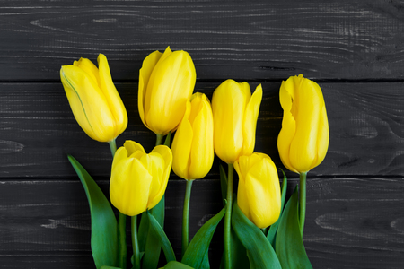 Beautiful bouquet of yellow tulips on dark vintage wooden table. Holiday border, home decor concept. Top view, flat layの写真素材