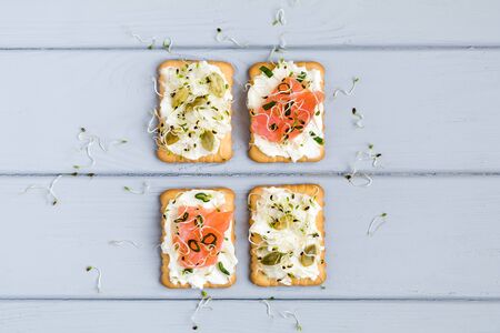 Tasty square crackers with cream cheese, cucumbers, salmon, pumpkin seeds and micro greens. Appetizers on grey table. Healthy vegetarian snacks, top view, flat layの写真素材