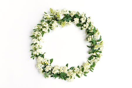 Beautiful white flowering Spirea arguta (brides plant) wreath on white table. Flat lay, top view, space for text. Romantic frame for your textの写真素材