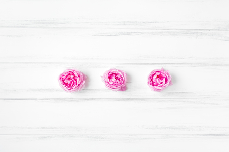 Decorative pattern with three pink bright roses of eglantine on white background. Flat lay, top viewの写真素材