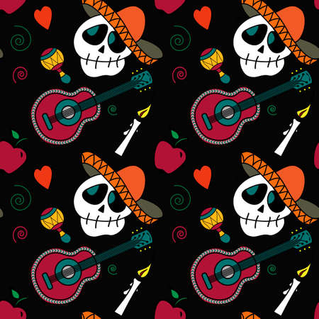 Dia de muertos colored seamless pattern. On a black background - cute colorful skulls, sombrero, Mexican guitar, Mexican maracas, coffin, candle, apples.のイラスト素材