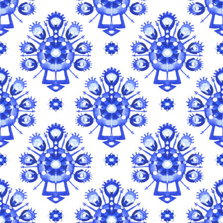 Watercolor blue patterns in Gzhel style geometric seamless pattern 01の写真素材