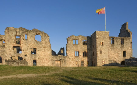 The "Hochburg Emmendingen" in Southern Germany, sunny illuminated at evening time in front of deep blue skyのeditorial素材