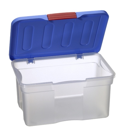 studio photography of a translucent plastic box with open blue top isolated on white with clipping pathの写真素材