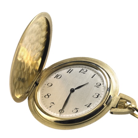 studio shot of a nostalgic golden pocket watch, isolated on whiteの写真素材