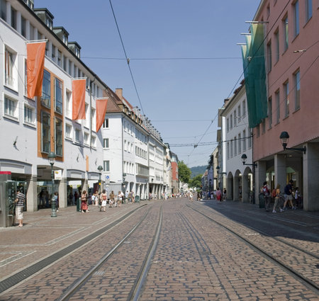 sunny illuminated city view of Freiburg im Breisgau, a town in Southern Germanyのeditorial素材