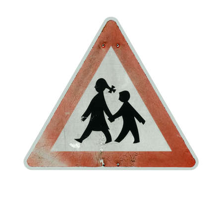 old rundown "children crossing" sign from Germany. Isolated in white back with clipping pathの写真素材