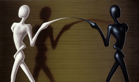 picture painted by me, called "Breakup". It contains a white and a black alien-like figure while disbandingの写真素材