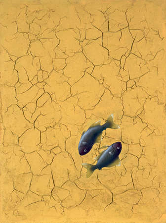 symbolic picture painted by me, named "Late Meeting". It shows 2 dead fishes side by side on light brown clefty groundの写真素材