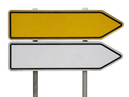 a yellow and a white blank direction sign post isolated on whiteの写真素材