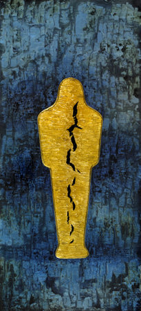 picture painted by me, named "Mummy", it shows a abstract golden mummy with big cleft inside, located in a structured blue backのeditorial素材