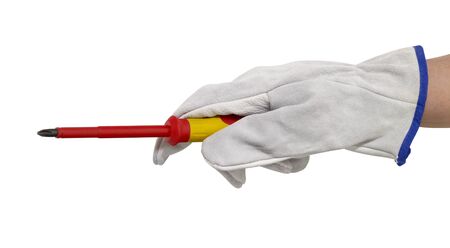 hand gloved with a light grey working glove while holding a screwdriver.Studio shot in white back