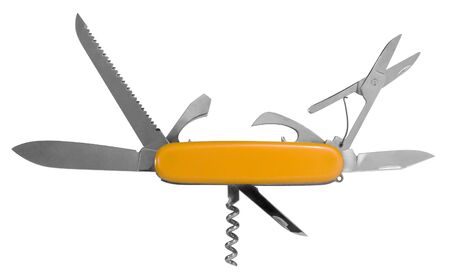 studio photography of a orange pocket knife with lots of tools in white back