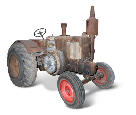 nostalgic rusty tractor isolated on whiteのeditorial素材