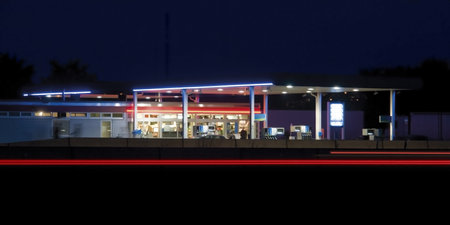 illuminated service station near highway in Germany at late evening timeのeditorial素材