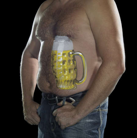 bodypainted belly of a man with beer glass illustration in black backの写真素材