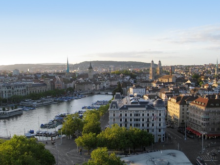 city view of Zurich at evening time. Zurich is the largest city in Switzerland, located in the canton of Zurich.の写真素材