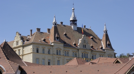 architectural detail in Sighisoara, a city in Transylvania located in Romaniaの写真素材