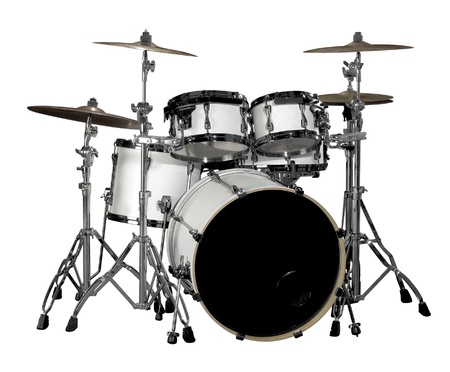 white drum kit in white backの写真素材