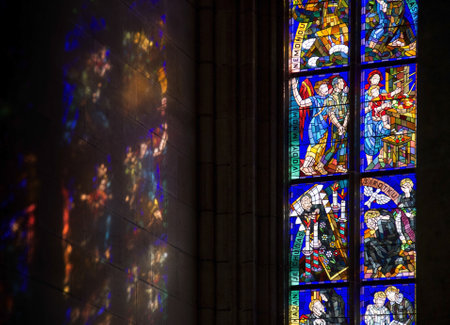 detail of a colorful church window inside the Saint Vitus Cathedral in Pragueのeditorial素材