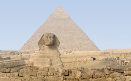 the Giza Necropolis with pyramid of chefren and Sphinxの写真素材