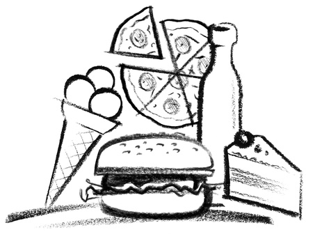 crayon-sketched illustration of various fastfoodの写真素材