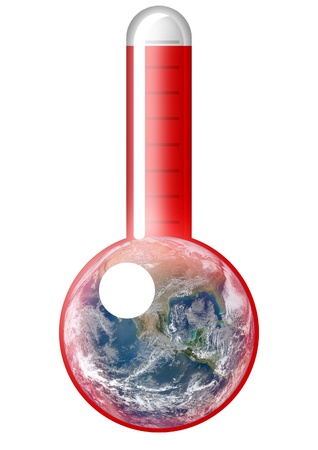 symbolic global warming theme showing a thermometer illustration and globeの写真素材
