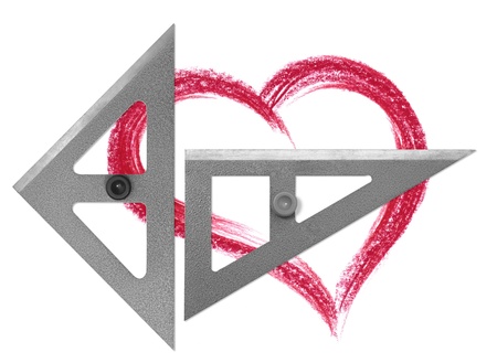 symbolic love theme including two set squares and heart illustration in white back