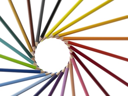 spiral arrangement of colored pencils in white back