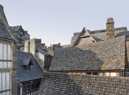 Detail of the Mont Saint Michel Abbey in Lower Normandy  France  at evening timeの写真素材