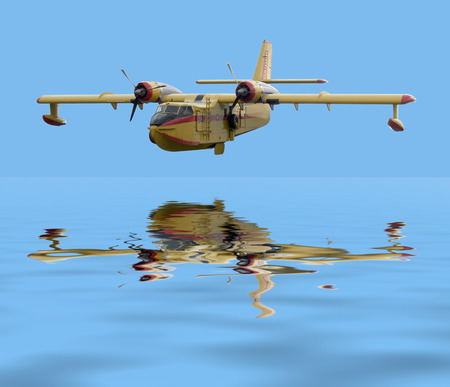 historic flying boat over mirroring water surface in blue ambiance