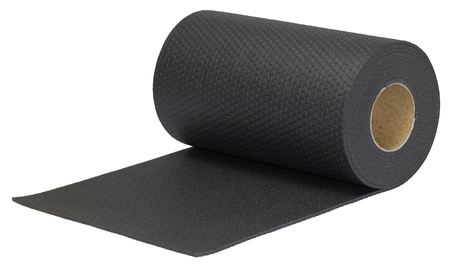 rolled black rubber mat in white backの写真素材