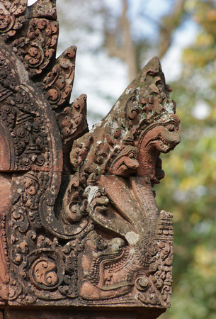 architectural detail at Banteay Srei, a historic temple in Cambodiaの写真素材