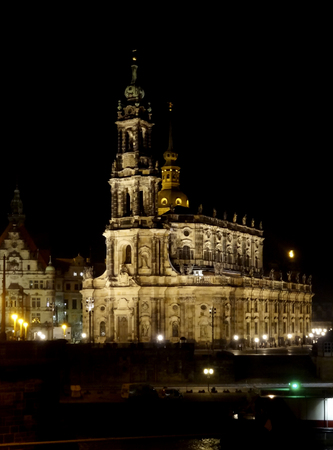 night scenery including the Dresden Cathedral in Dresden, a german city in Saxonyの写真素材