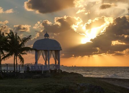 coastal evening scenery with pavillon at a beach in cubaの写真素材