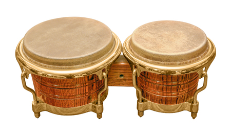 pair of wooden bongo drums in white backの写真素材