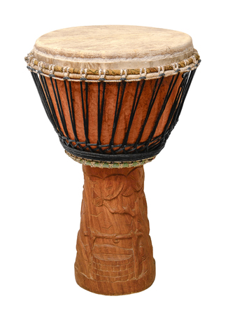 traditional wooden african djembe drum in white backの写真素材
