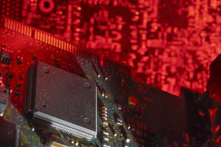 Computer memory closeup in red ambiance