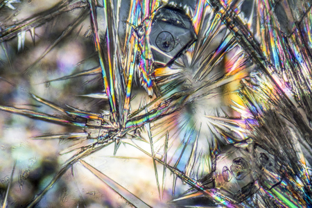 macro shot of growing microcrystals of soda lye in polarized lightの写真素材