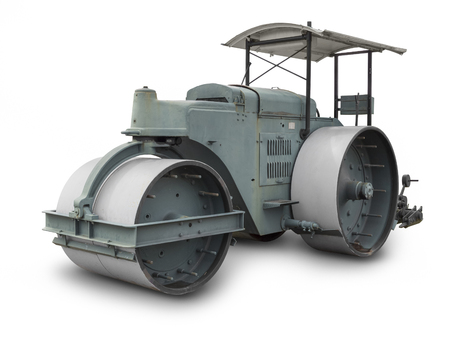 historic road roller in white back with shadowの写真素材